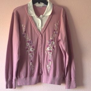 Vintage Blair pullover faux cardigan/polo undershirt embroidered pink sz medium